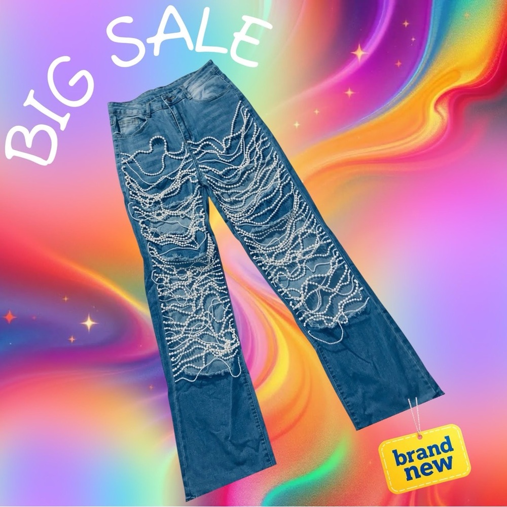 Elegant Blue Flare Jeans Ripped with Strings of White Pearl Accents inside